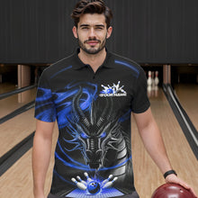Load image into Gallery viewer, Custom Black And Blue Flame Dragon Bowling Team Men Polo Shirts, Bowling League Shirt IPHW8913