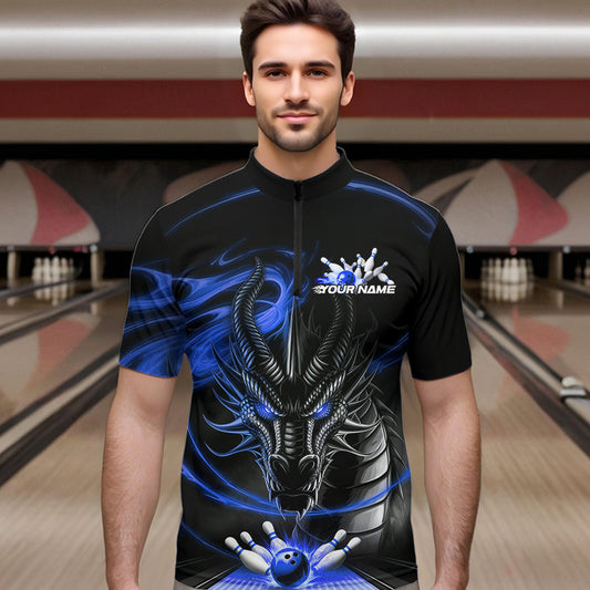 Custom Black And Blue Flame Dragon Bowling Team Men Quarter-Zip Shirts, Bowling League Shirt IPHW8913