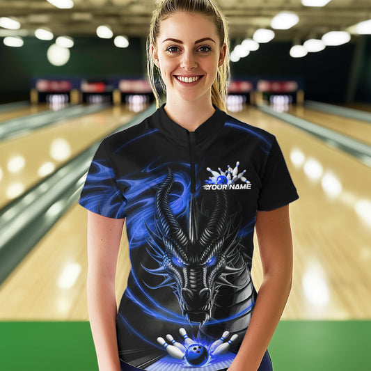 Custom Black And Blue Flame Dragon Bowling Women Quarter-Zip Shirts, Bowling League Shirt IPHW8913