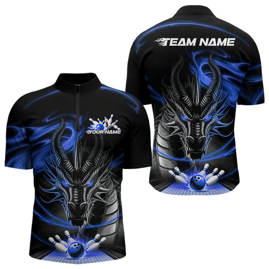 Custom Black And Blue Flame Dragon Bowling Team Men Quarter-Zip Shirts, Bowling League Shirt IPHW8913