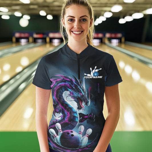 Custom Futuristic Style Dragon Bowling Quarter-Zip Shirts For Women, Dragon Bowling Outfits IPHW8914