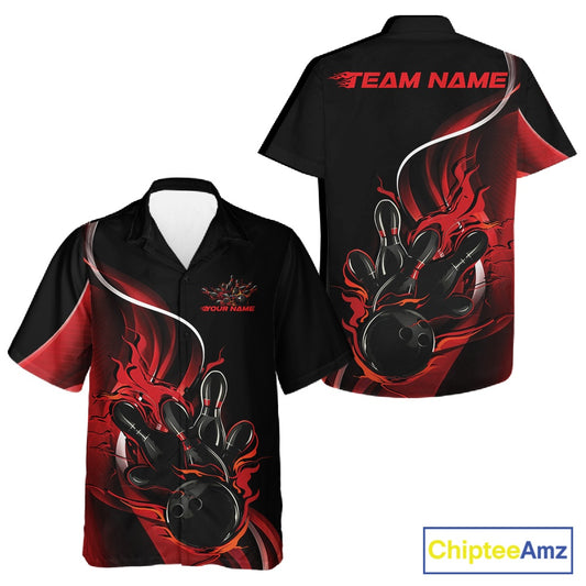 Front and back view of a black and red button-up bowling shirt mockup showcasing flame bowling ball and pins dynamic athletic graphics.