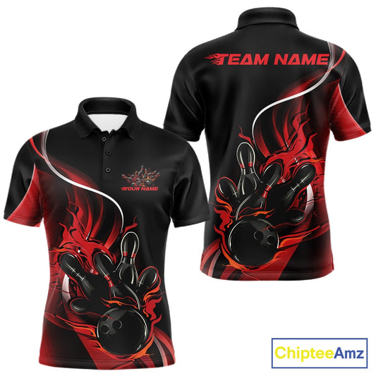 Front and back view mockup of a men’s black and red polo shirt featuring a flame bowling ball striking pins in a bold sports apparel design.
