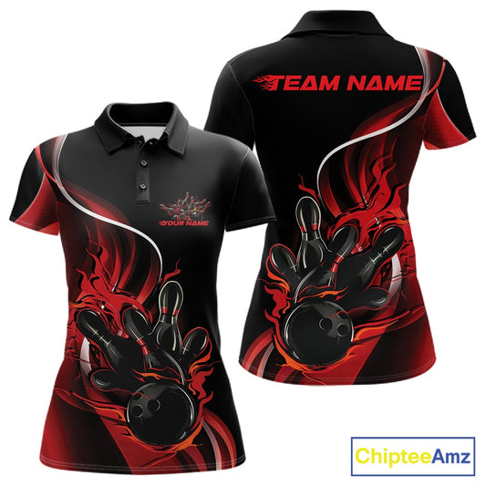 Front and back mockup of women’s black and red polo shirt featuring flame bowling ball striking pins in powerful, high-energy sports apparel design.