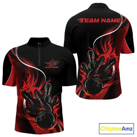 Mens quarter zip bowling shirt mockup, black and red colorway with flaming bowling ball knocking down pins bold design
