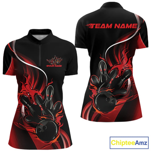 Womens quarter zip bowling shirt mockup, black and red version showcasing fiery bowling ball knocking down pins bold illustration