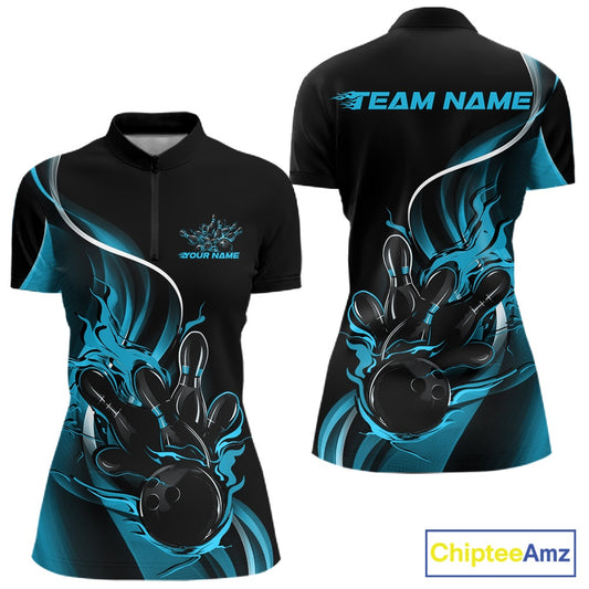 Womens quarter zip bowling shirt mockup, black and blue version with flaming bowling ball striking pins dynamic illustration