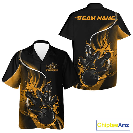Front and back view of a black and yellow button-up bowling shirt mockup featuring flame bowling ball and pins bold sporty design.