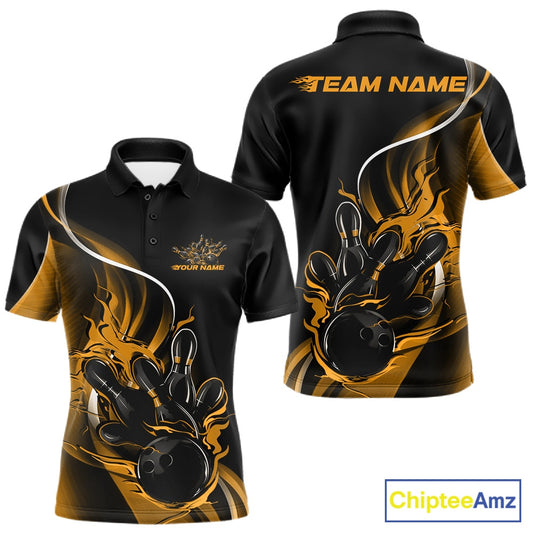 Front and back view mockup of a men’s black and yellow polo shirt featuring a flame bowling ball striking pins in a vibrant sports apparel style.
