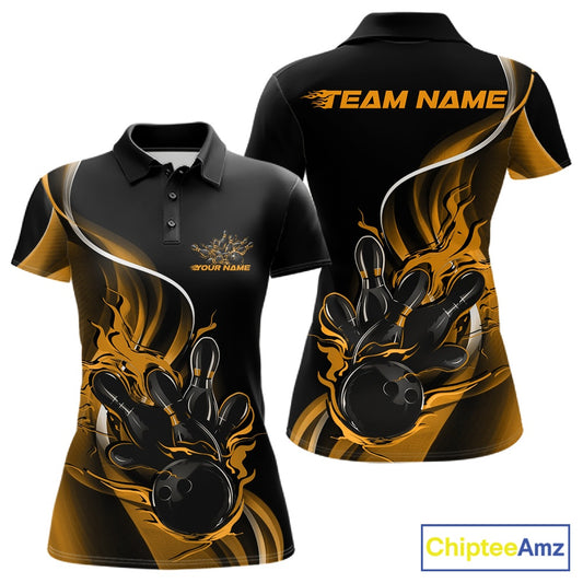 Front and back mockup of women’s black and yellow polo shirt featuring flame bowling ball striking pins in vibrant sports apparel presentation.