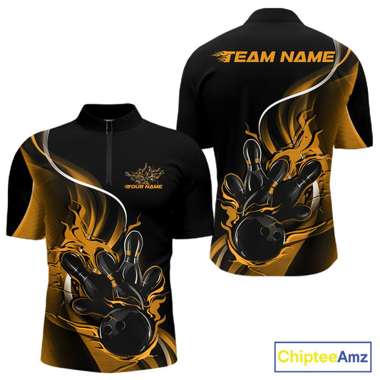 Mens quarter zip bowling shirt mockup, black and yellow version showcasing flaming bowling ball knocking down pins bold illustration
