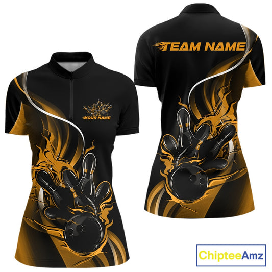 Womens quarter zip bowling shirt mockup, black and yellow version showcasing flaming bowling ball striking pins dynamic graphics