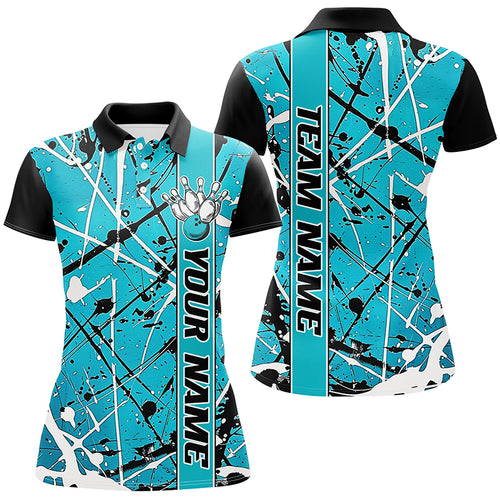 Blue Camo Custom Bowling Team Shirts For Women, Bowling Tournament Jerseys For Bowlers IPHW6614