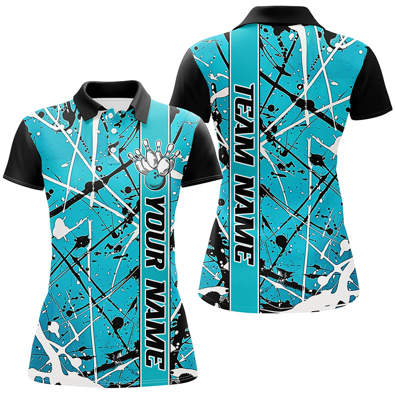 Blue Camo Custom Bowling Team Shirts For Women, Bowling Tournament Jerseys For Bowlers IPHW6614