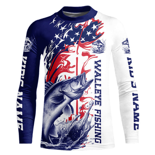 Custom Patriotic Walleye Kid Long Sleeve Fishing Shirts, Red White And Blue Fishing Shirt IPHW9130