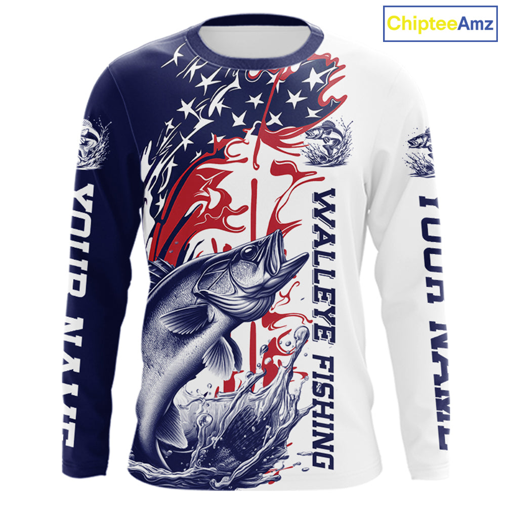 Custom Patriotic Walleye Long Sleeve Fishing Shirts, Red White And Blue Fishing Shirt IPHW9130