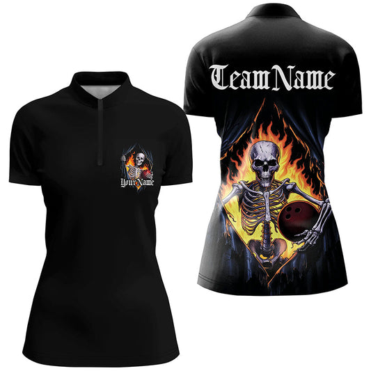 Custom Skull Bowling Polo Quarter Zip Shirts For Women, Skeleton Ladies Bowling Shirts IPHW6805
