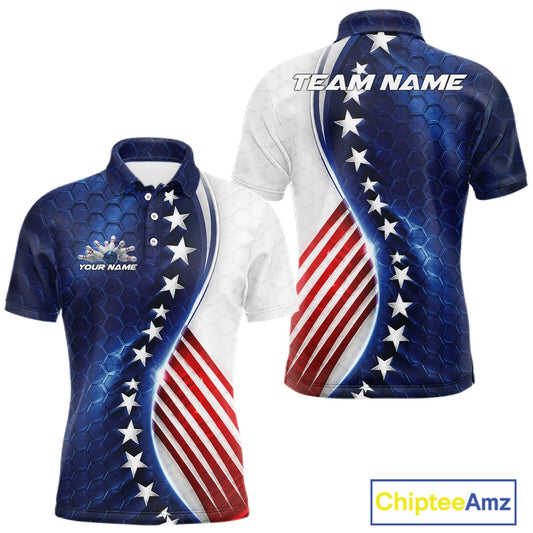 Front and back views of a short-sleeve polo shirt featuring a patriotic American flag design with a blue honeycomb texture, white stars, and red and white stripes. The shirt includes customizable text placeholders 'TEAM NAME' and 'YOUR NAME'.