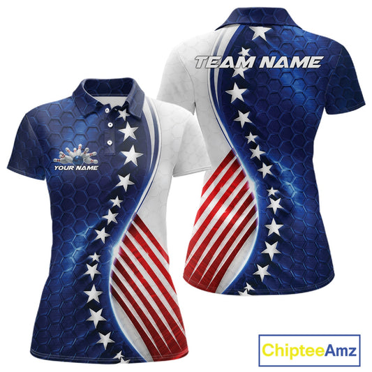 Front and back views of a custom polo shirt featuring a patriotic American flag design with a blue honeycomb pattern, white stars, and red and white stripes. The shirt includes customizable text placeholders 'TEAM NAME' and 'YOUR NAME'.