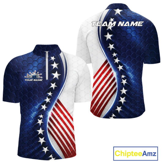 Front and back views of a short-sleeve cycling jersey with an American flag theme, featuring a blue honeycomb texture with white stars on one side and red and white stripes on the other, on a white background.