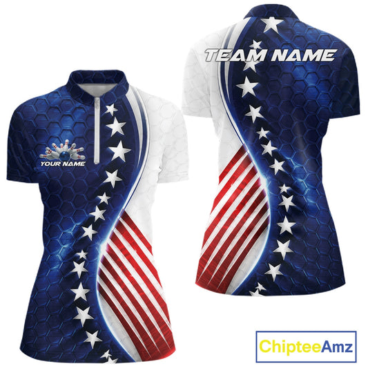 Front and back views of a women's short-sleeve polo shirt with an American flag design, featuring a blue honeycomb pattern, white stars, and red and white stripes. The image includes customizable text placeholders 'TEAM NAME' and 'YOUR NAME' on the shirt, and a 'ChipteeAmz' logo in the bottom right corner.