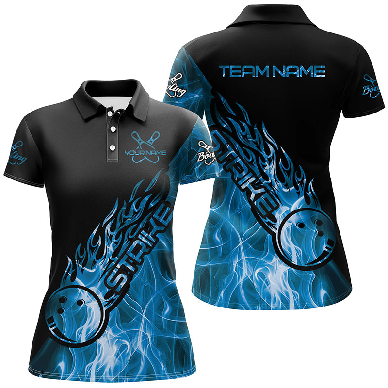 Custom Blue Flame Bowling Shirts For Women, Bowling Team Shirts Bowling Strike IPHW7155