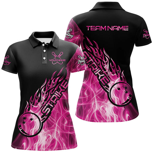Custom Pink Flame Bowling Shirts For Women, Bowling Team Shirts Bowling Strike IPHW7156