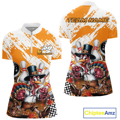 Custom Yellow Turkey Bowling Women Quarter-Zip Shirts, Funny Thanksgiving Bowling Shirts IPHW9717