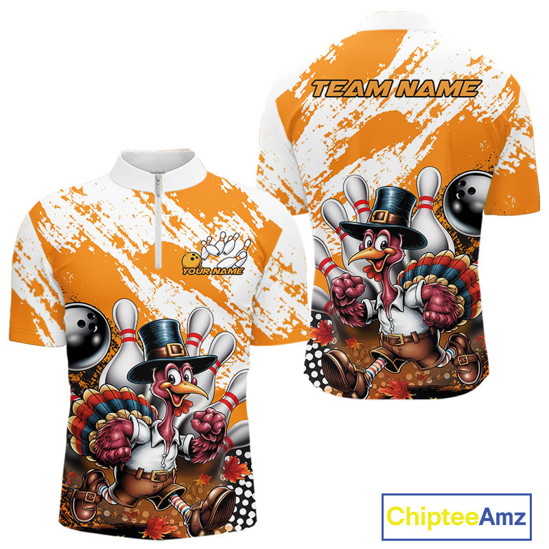 Custom Yellow Turkey Bowling Men Quarter-Zip Shirts, Funny Thanksgiving Bowling Team Shirts IPHW9717