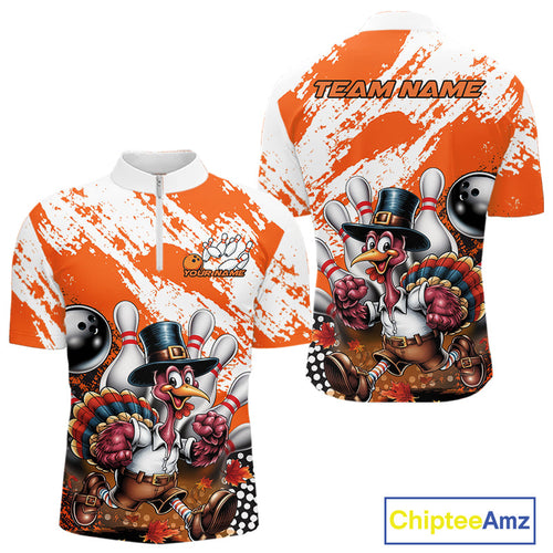 Custom Orange Turkey Bowling Men Quarter-Zip Shirts, Funny Thanksgiving Bowling Team Shirts IPHW9718
