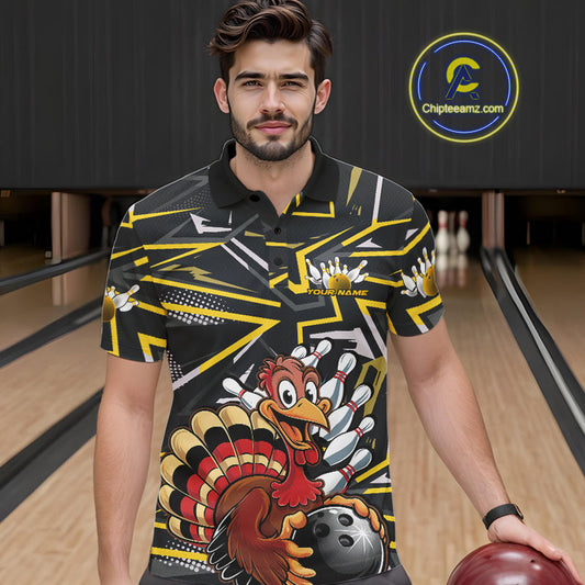Custom Funny Turkey Bowling Jerseys, Yellow Thanksgiving Bowling Team Men Polo Shirt IPHW9722