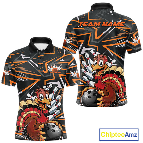 Custom Funny Turkey Bowling Jerseys, Orange Thanksgiving Bowling Team Men Polo Shirt IPHW9723