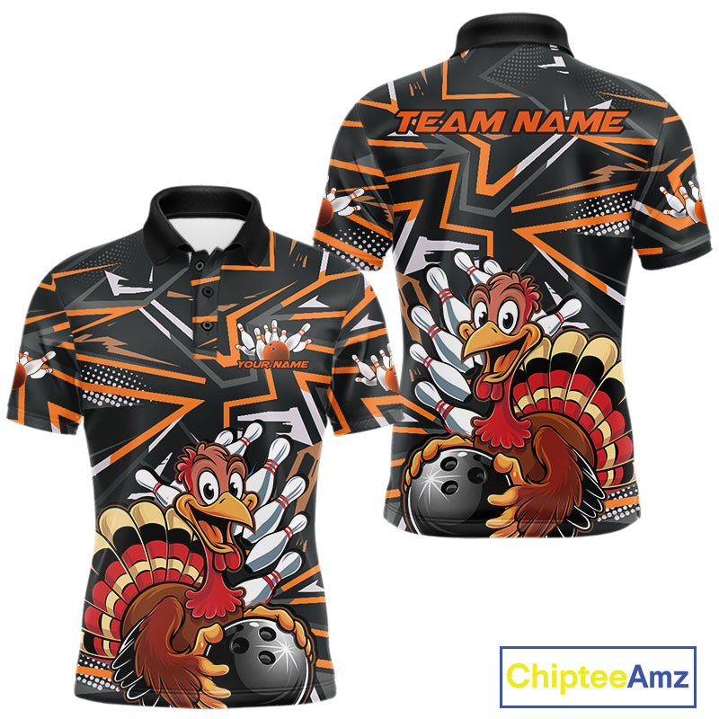 Custom Funny Turkey Bowling Jerseys, Orange Thanksgiving Bowling Team Men Polo Shirt IPHW9723