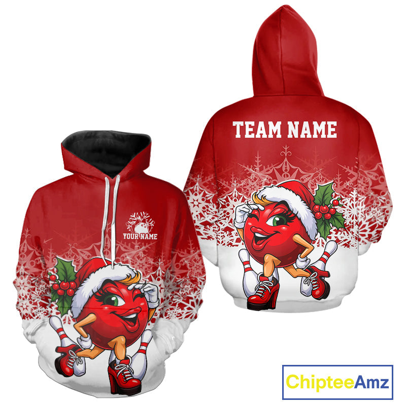 Custom Cute Funny Ladies Christmas Bowling Hoodie Shirts, Women Team Xmas Bowling Outfit IPHW10135