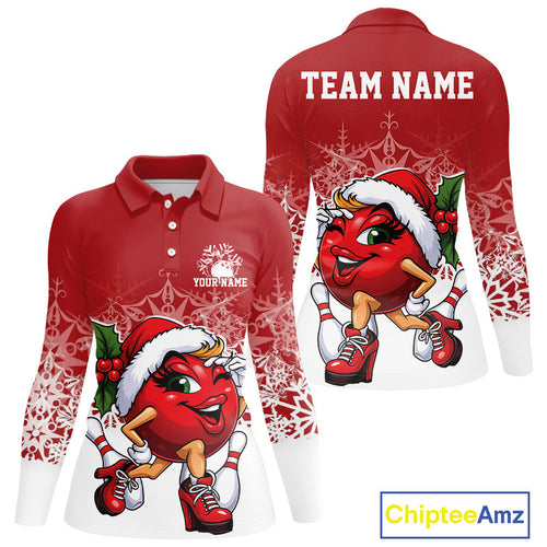 Custom Cute Funny Ladies Christmas Bowling Long Sleeve Polo Shirts, Women Team Xmas Outfit IPHW10135