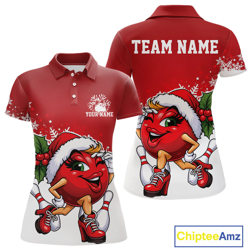 Custom Cute Funny Ladies Christmas Bowling Polo Shirts, Women Team Xmas Bowling Outfit IPHW10136