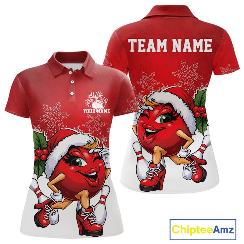 Custom Cute Funny Ladies Christmas Bowling Polo Shirts, Women Team Xmas Bowling Outfit IPHW10137