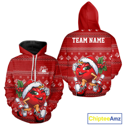 Custom Cute Funny Ladies Christmas Bowling Hoodie Shirts, Women Team Xmas Bowling Outfit IPHW10139