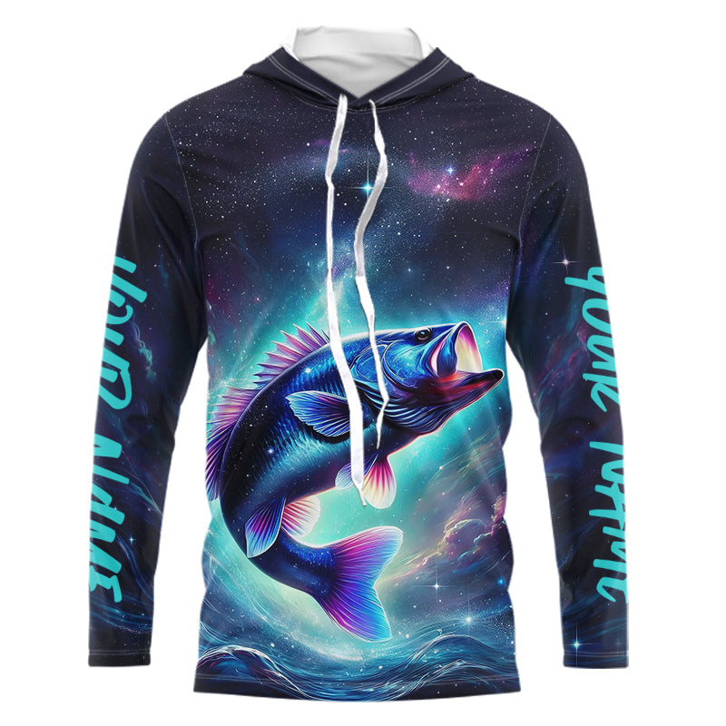 Custom Galaxy Largemouth Bass Long Sleeve Hooded Performance Fishing Shirts For Men IPHW8168