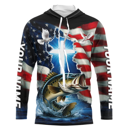 Custom Faith Largemouth Bass Patriotic Long Sleeve Hooded Fishing Shirt, US Fishing Jerseys IPHW8176