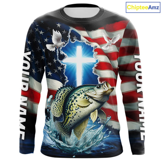 Custom Faith Crappie Patriotic Long Sleeve Tournament Fishing Shirt, US Fishing Jerseys IPHW8178