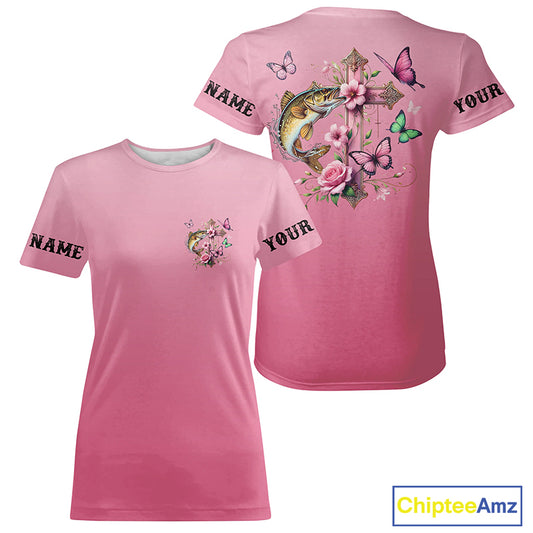Pink Flower And Butterflies Custom Faith Walleye Fishing T-Shirts For Women IPHW8183