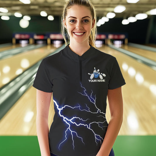 Blue Thunder Lightning Bowling Wings Custom Bowling Team Quarter-Zip Shirts For Women IPHW8393