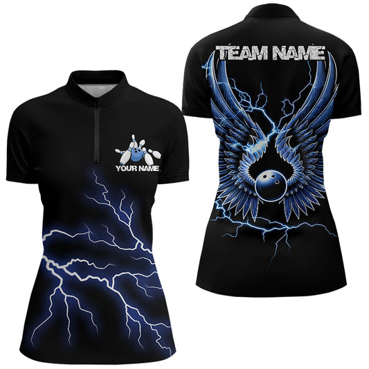 Blue Thunder Lightning Bowling Wings Custom Bowling Team Quarter-Zip Shirts For Women IPHW8393