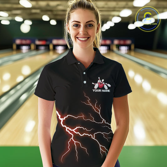 Red Thunder Lightning Bowling Wings Custom Bowling Team Polo Shirts For Women IPHW8394