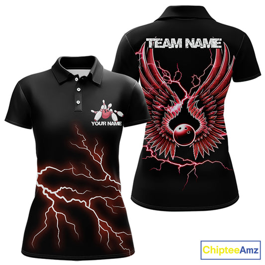Red Thunder Lightning Bowling Wings Custom Bowling Team Polo Shirts For Women IPHW8394