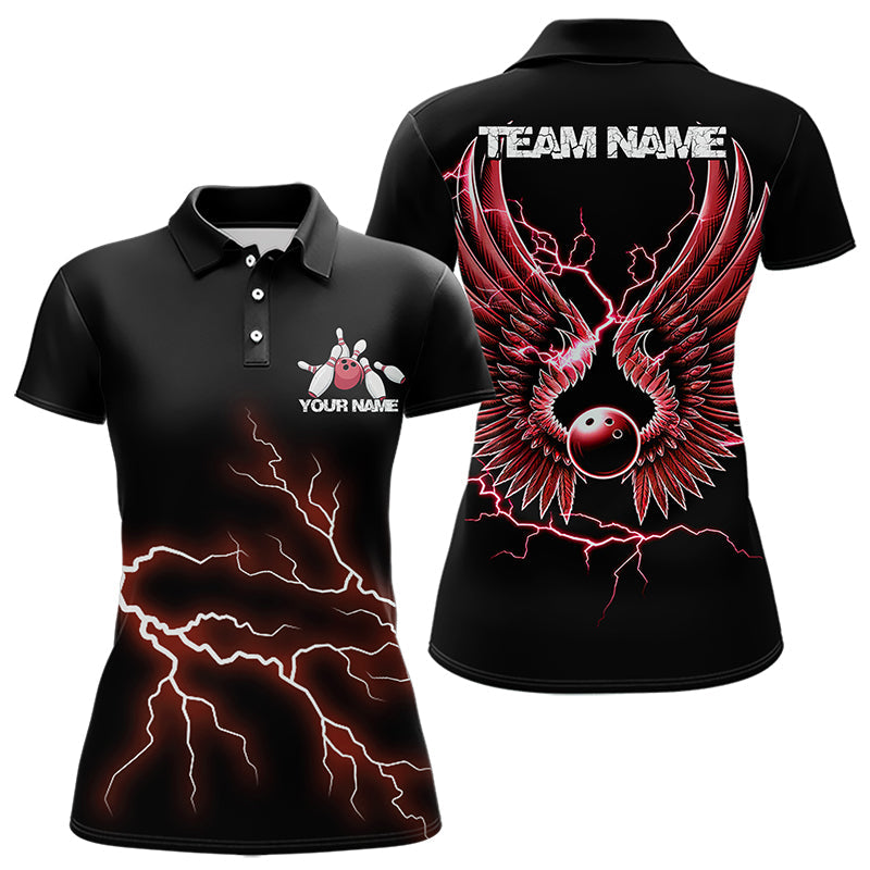 Red Thunder Lightning Bowling Wings Custom Bowling Team Polo Shirts For Women IPHW8394