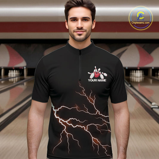 Red Thunder Lightning Bowling Wings Custom Bowling Team Quarter-Zip Shirts For Men IPHW8394