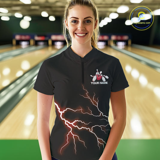 Red Thunder Lightning Bowling Wings Custom Bowling Team Quarter-Zip Shirts For Women IPHW8394