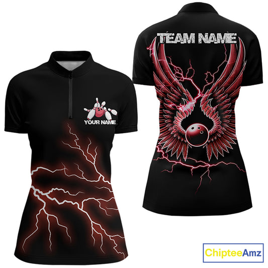 Red Thunder Lightning Bowling Wings Custom Bowling Team Quarter-Zip Shirts For Women IPHW8394